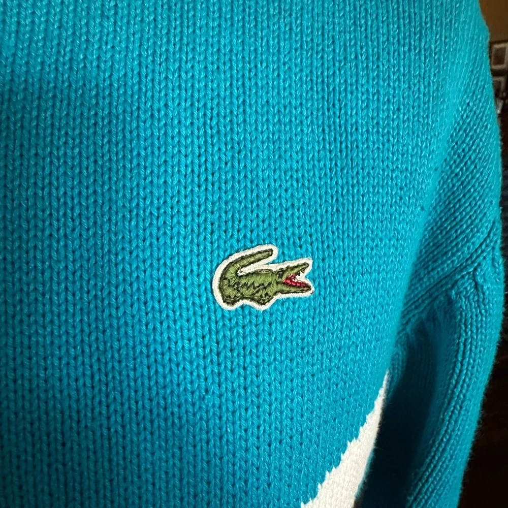 LACOSTE 🐊 Men’s Vintage Blue & Black Geometric All Cotton LS Sweater - Size LG - Picture 8 of 12